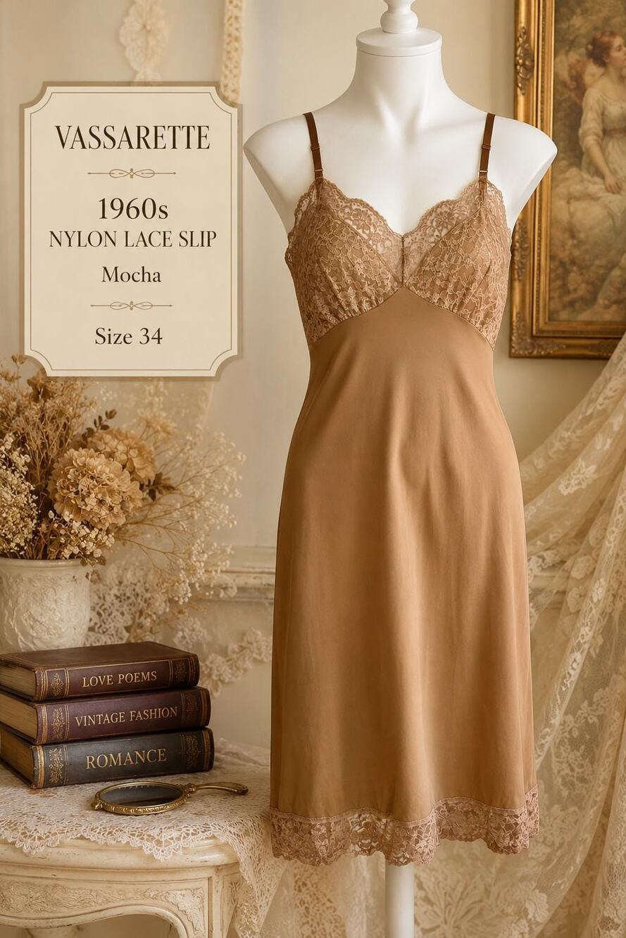 Vintage Vassarette 1960s Rare Mocha Nylon Lace Full Slip Dress Size 34